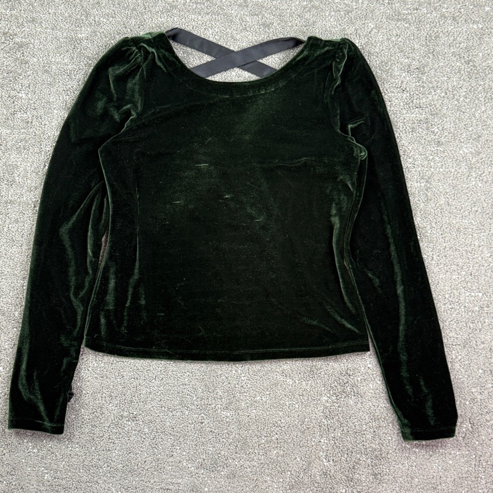 Anthropologie Velvet Top Womens Small Green Lace Up Back Ribbon Tie Long Sleeve